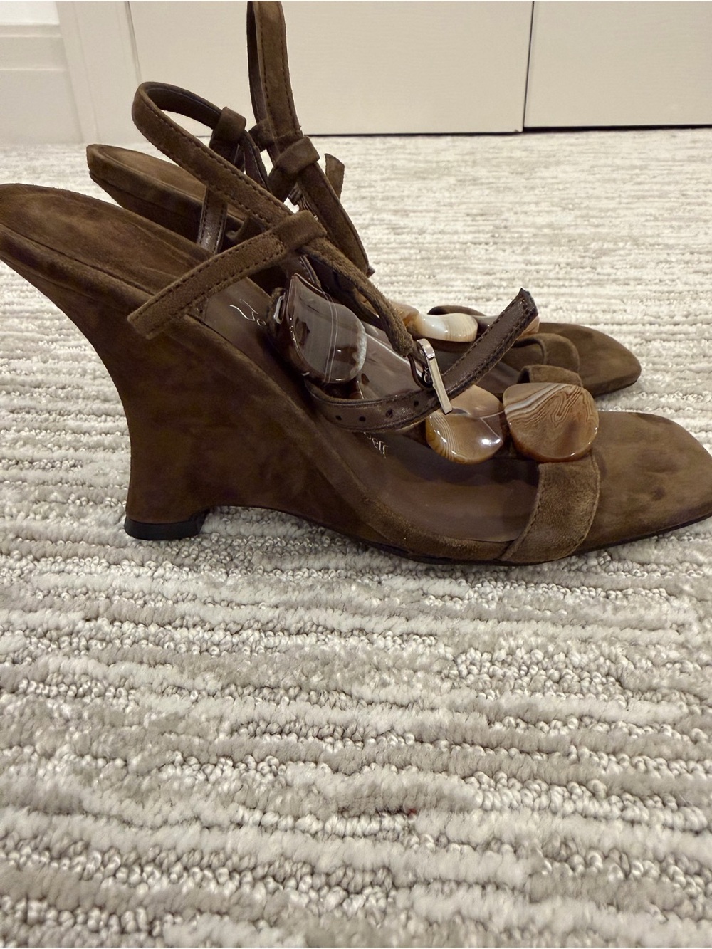 Jeffrey Campbell Brown Suede Wedge Sandals with Decorative Stone Accents